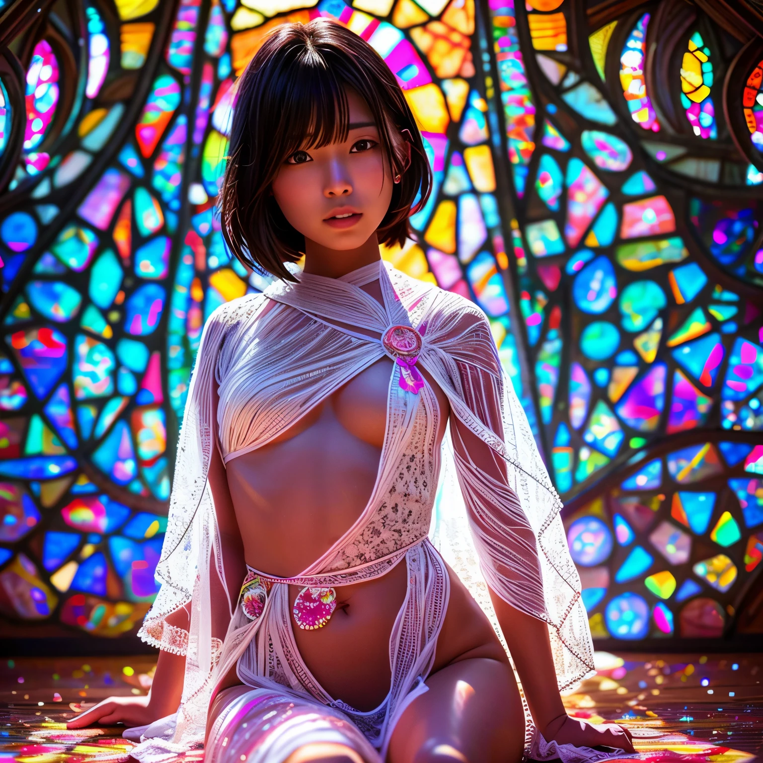 SFW, concept art, Tiny junior idol, (Detailed Delicate lace knitted white clothes), (nipple:-0.9), face closeup, (Elaborate stained glass Background:1.37), (((Renbutsu Misako), colorful Light shines through delicate stained glass:1.2, vivid red colors, Luminous Particles, light Particles))(Acutance:0.8). (ProfessionalPhoto:1.2),(ultra-detailed:1.37), (Extremely detailed KAWAII face variations, innocent expression variations), rosy cheeks, intricate detailed eyes with sparkling highlights, long eyelashes with volume, subtle blush on the face. Mystic sight, haze, Impeccable Radiant PearlSkin with Transparency, captivating gaze, ((Dynamic-angle)), whole Body proportions and all limbs are anatomically accurate . (Exposed:0.64)