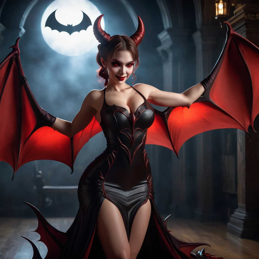 female demon, Lilith, (full body:1.55), (beautiful detailed eyes glowing red:1.4), (Large bat-like demon wings:1.4), (hair tied in two ponytails to form large bull horns), (raised arms showing armpits), (squatting with legs wide apart), beautiful detailed lips, extremely detailed eyes and face, long eyelashes, smiling, black long dress, (best quality,4k,8k,highres,masterpiece:1.2),ultra-detailed,(realistic,photorealistic,photo-realistic:1.37),detailed skin, intricate details, dramatic lighting, dark fantasy, chiaroscuro, moody atmosphere, deep shadows, warm color palette, rich textures, cinematic composition, intense gaze, 