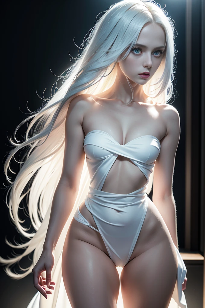 A very long straight silky albino-white haired sweden girl, bang, blue eyes, 20 years old, young, pale skin, Ultra high res, uhd, (photorealistic:1.4), mons veneris from the side, (hips facing camera:1.4), hands behind her back, doll-like face, in a dark room dramatic lighting, shy, full body shot, side view, a towel wrapping around her body,