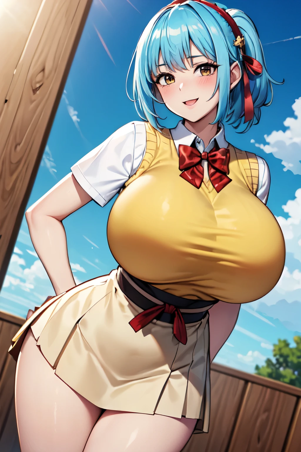 masterpiece, best quality,  Kurono Kuromu, hairband, blue hair,short ponytail hair,hair ornament, yellow sweater vest, red bowtie, white shirt, short sleeves, plaid skirt, ((large breasts)),huge breast,(round breast:1.2), (Large breasts that protrude forward:1.2),ample breast,(Nice body,Stylish:1.2),(thin手足),delicate,(skinny body),(curvin waist:1.3),(thin_Waist:1.4),blush,smile,looking at viewer, dutch angle, chestnut mouth, blue sky, sun,Poses that accentuate large breasts,breast focus