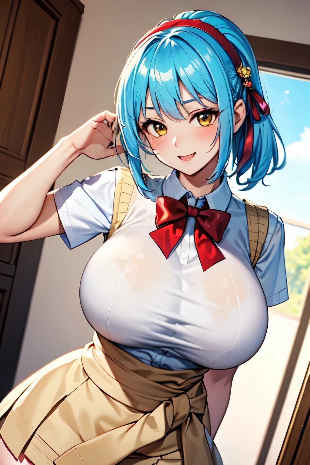 masterpiece, best quality,  Kurono Kuromu, hairband, blue hair,short ponytail hair,hair ornament, yellow sweater vest, red bowtie, white shirt, short sleeves, plaid skirt, ((large breasts)),huge breast,(round breast:1.2), (Large breasts that protrude forward:1.2),ample breast,(Nice body,Stylish:1.2),(thin手足),delicate,(skinny body),(curvin waist:1.3),(thin_Waist:1.4),blush,smile,looking at viewer, dutch angle, chestnut mouth, blue sky, sun,Poses that accentuate large breasts,breast focus