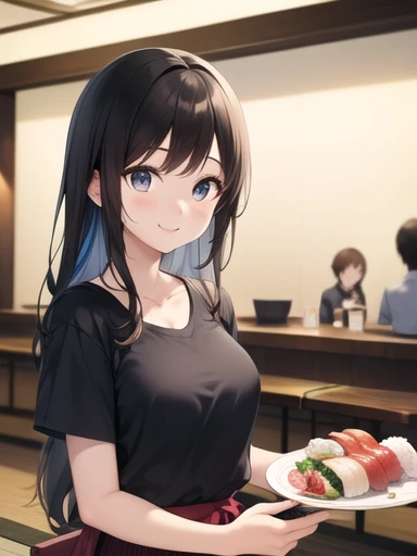 Smiling young woman holding a plate of sushi in a sushi restaurant。She has long black hair、Wearing light blue casual clothing.、Grab your chopsticks and enjoy your sushi。On her plate、Colorful sushi rolls and nigiri sushi are beautifully lined up。Other customers and a conveyor belt of sushi can be seen in the background.。.、The lively atmosphere of the restaurant is apparent。This scene highlights her happiness and the moment she enjoys sushi..。
