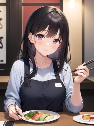 Smiling young woman holding a plate of sushi in a sushi restaurant。She has long black hair、Wearing light blue casual clothing.、Grab your chopsticks and enjoy your sushi。On her plate、Colorful sushi rolls and nigiri sushi are beautifully lined up。Other customers and a conveyor belt of sushi can be seen in the background.。.、The lively atmosphere of the restaurant is apparent。This scene highlights her happiness and the moment she enjoys sushi..。