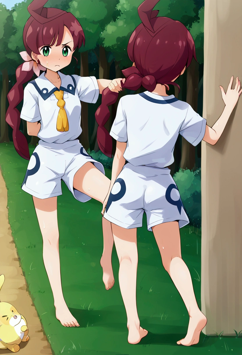 plural、Tired lookの女の子たちを、Let me kick,Girls kicking,,gym shirts,Highest quality,back view,1990s anime style,White shirt and blue bloomers,Angry expression,barefoot,A group of plural girls,Barefoot girls in gym clothes and blue bloomers、Standing in a row、Practicing karate in the schoolyard,The girls are barefoot,The girls were sweating、Tired look,