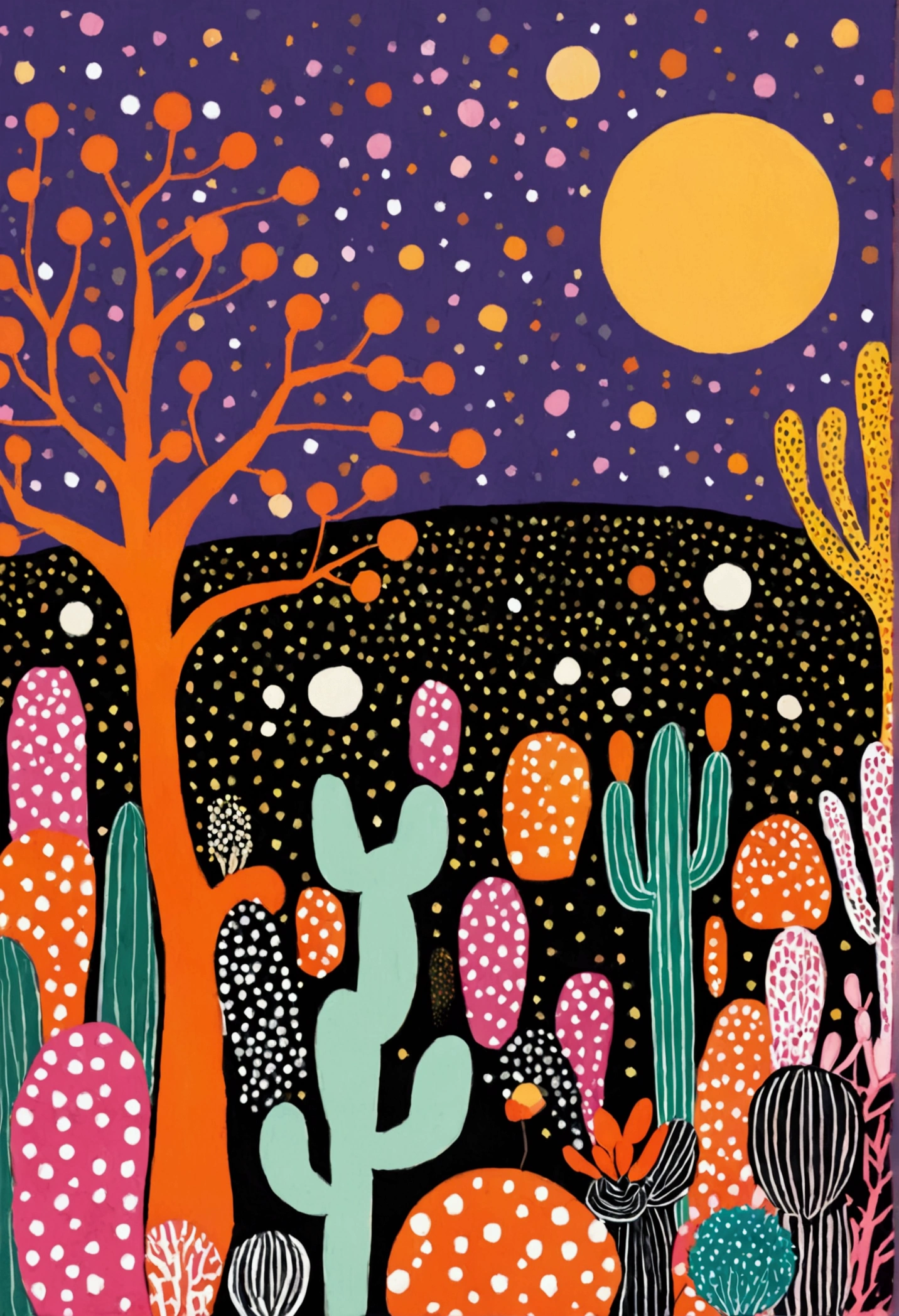 A painting。pastel artwork。Purple,orange color,Flat illustration,Dot、line、Neon,cactus,Tree、firefly,Dreamy colors,Illustration style(Artists can refer to Yayoi Kusama)