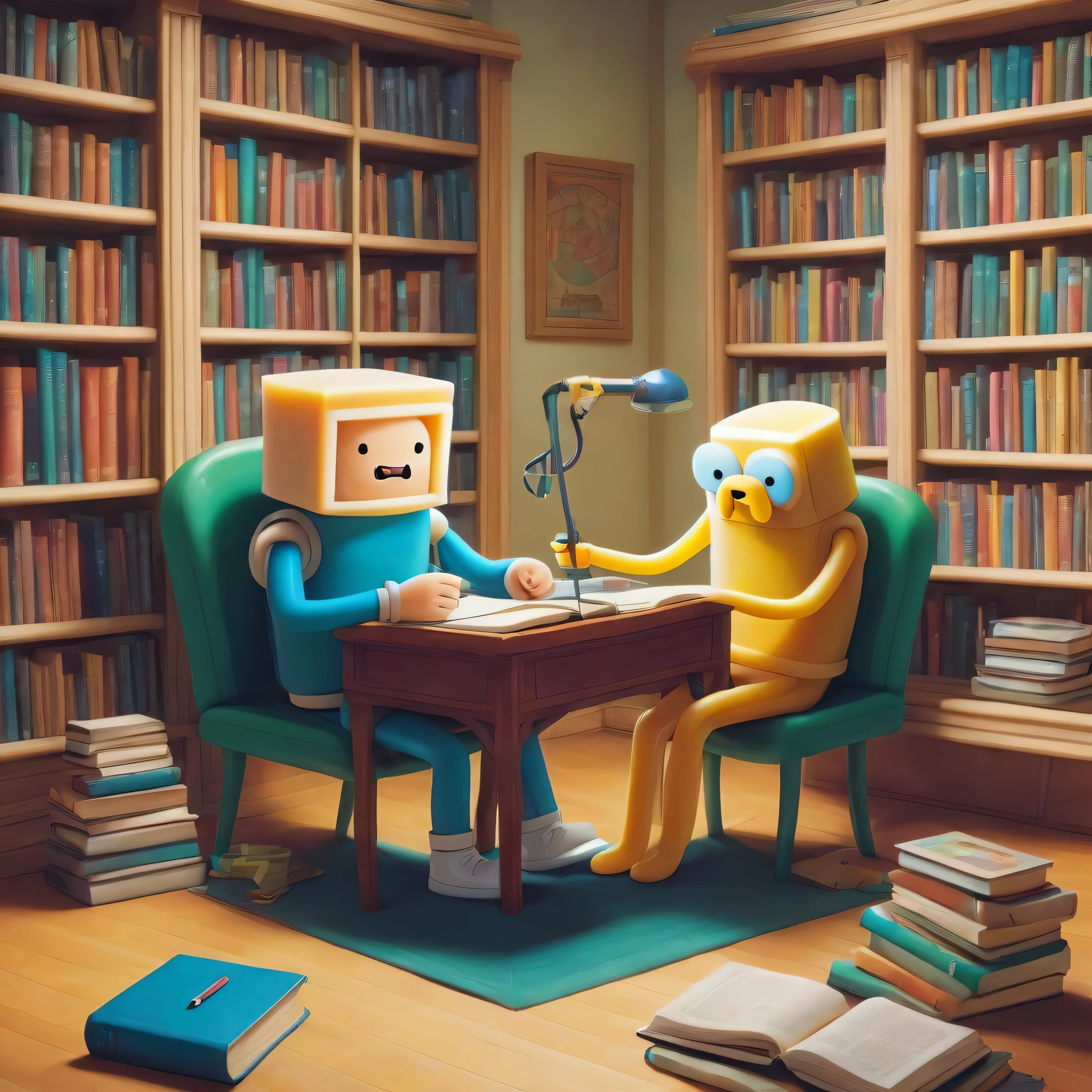 Finn from the Adventure Time cartoon is studying a lot of books with his friend Jake in the reading room, which has a desk and a computer.