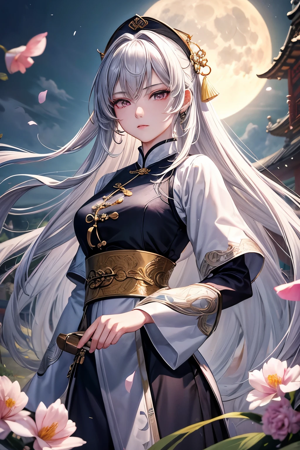 Masterpiece Jia Ye Full Moon 1 Female Sister Yu Jie has a cold face and expressionless silver-white long-haired woman with light pink lips, calm and intellectual, three-band gray-eyed assassin short sword, Flowers, Hand details, Finger details,