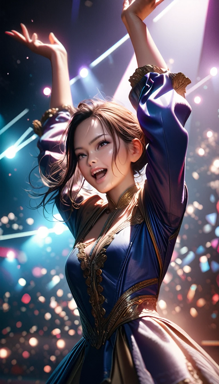 Award-Winning Moment, a woman raising hands in the air with a joyful expression, celebrating an award win, detailed facial features, intricate details, beautiful lighting, vibrant colors, dynamic pose, studio lighting, photorealistic, hyperrealistic, 8k, best quality, highly detailed, masterpiece, striking composition, emotive, dramatic