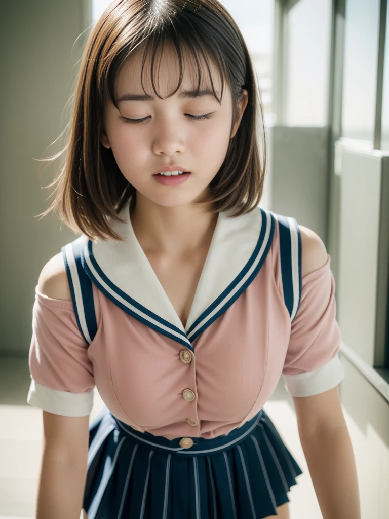 (15 years old:1.3),(Buckshot),Japanese beautiful girl,Photorealistic,Ultra-high resolution,Highest quality,Natural light,(Ray Tracing:1.2),
The break is
(Big Breasts:1.3), Narrow shoulders,See through, Embarrassing form,high school, Sailor suit, loafers, White short socks, From below, high school, Panty Shot Skirt, sealed, throw,
break
(Natural skin texture,Fine skin, Hyperrealism,Ultra Sharpness),Intricate details,Written boundary depth,(blush), break,(Top view:1.5)、fear, Despair, ((I close my eyes and gasp hard:1.2))、Endure:1.5)), Grit your teeth、The whole body is projected