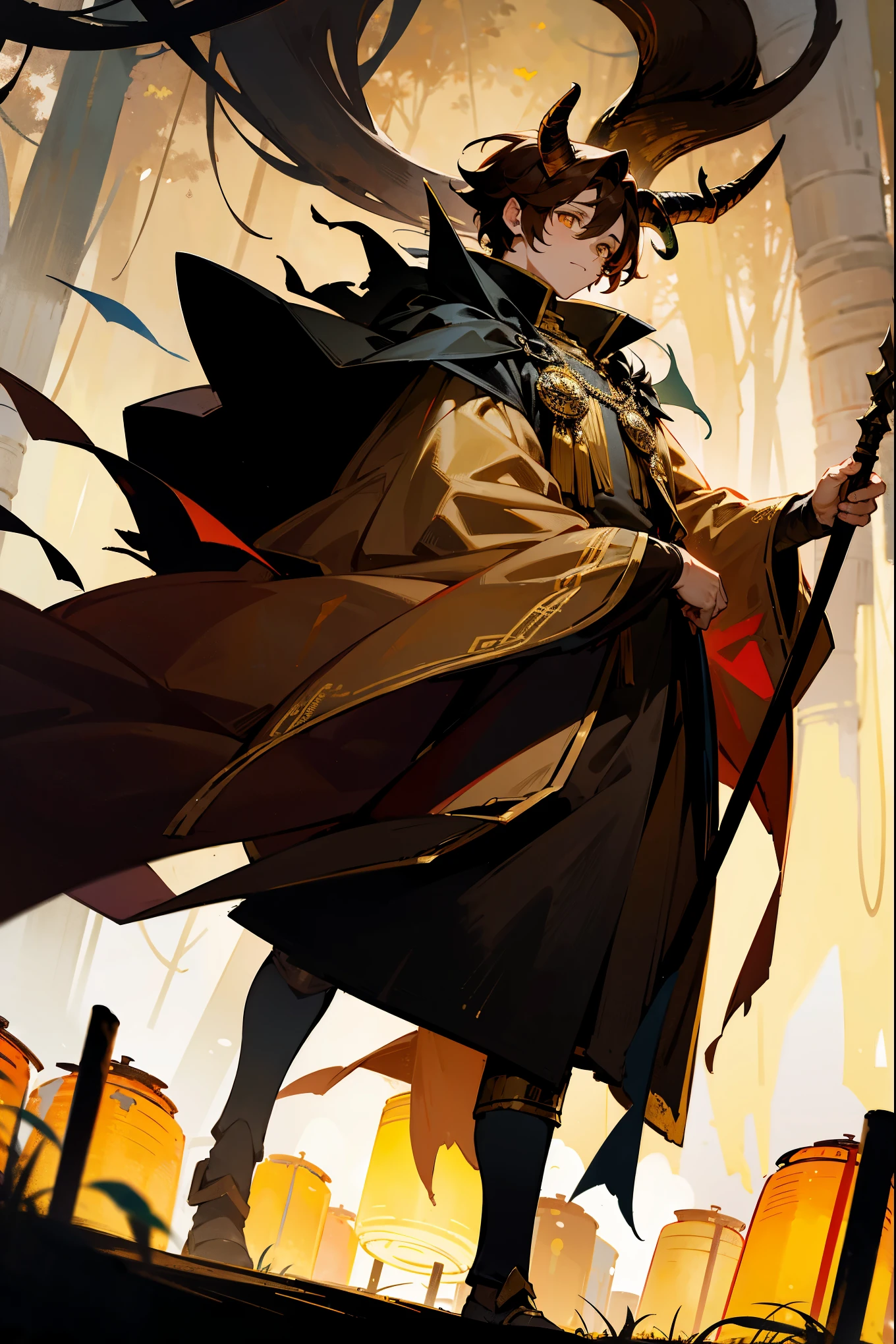 1male, brown hair, ram horns, golden eyes, medieval armor, tattered cloak, standing in a mystical forest with floating lanterns