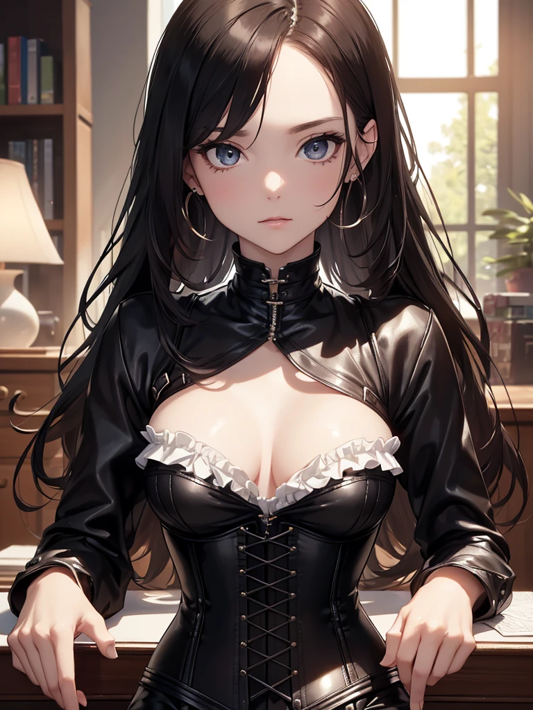 (8K, Best Quality, Masterpiece, Ultra High Resolution) Single Person, 1 Woman, Cute Eyes, Face Details, Pale Skin, Slender, Black Hair, Long Hair, Hazel Eyes, Corset Top, Leather Pants, Sitting at Desk, Estate, Best Quality, Upper Body, Looking at the Viewer, Facing Viewer, Close Up