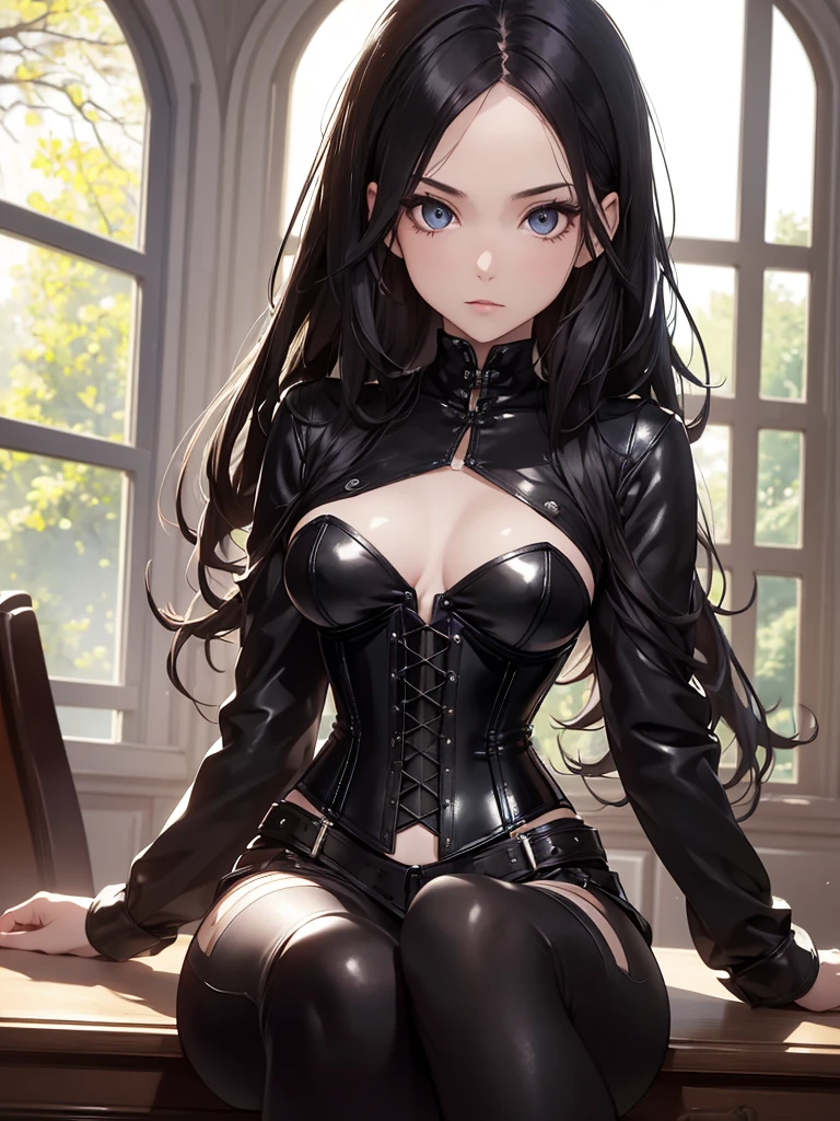 (8K, Best Quality, Masterpiece, Ultra High Resolution) Single Person, 1 Woman, Cute Eyes, Face Details, Pale Skin, Slender, Black Hair, Long Hair, Hazel Eyes, Corset Top, Leather Pants, Sitting at Desk, Estate, Best Quality, Upper Body, Looking at the Viewer, Facing Viewer, Close Up