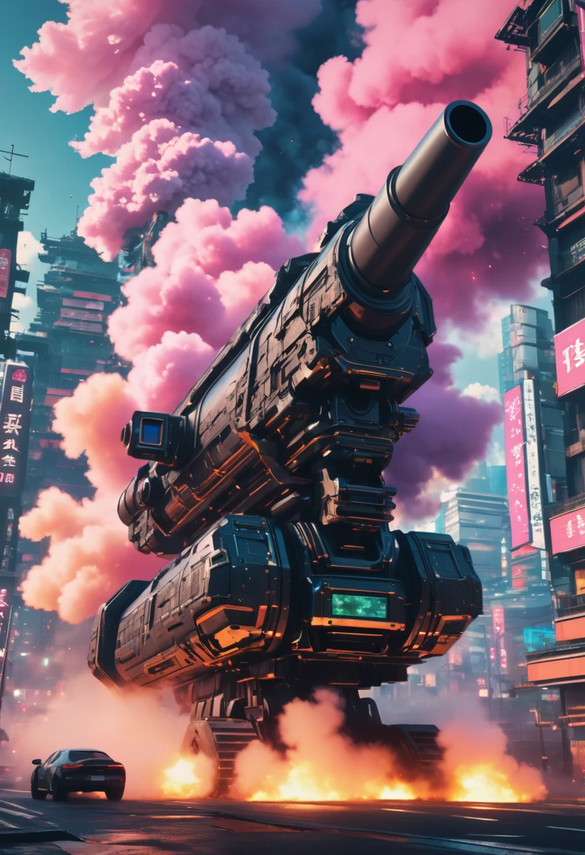 (8k, best quality, masterpiece, ultra highres, ultra-detailed:1.2),(Shachihoko)-shaped cannon,future technology, cyberpunk-style ,electronic ,Colored smoke,ruined city of nagoya,