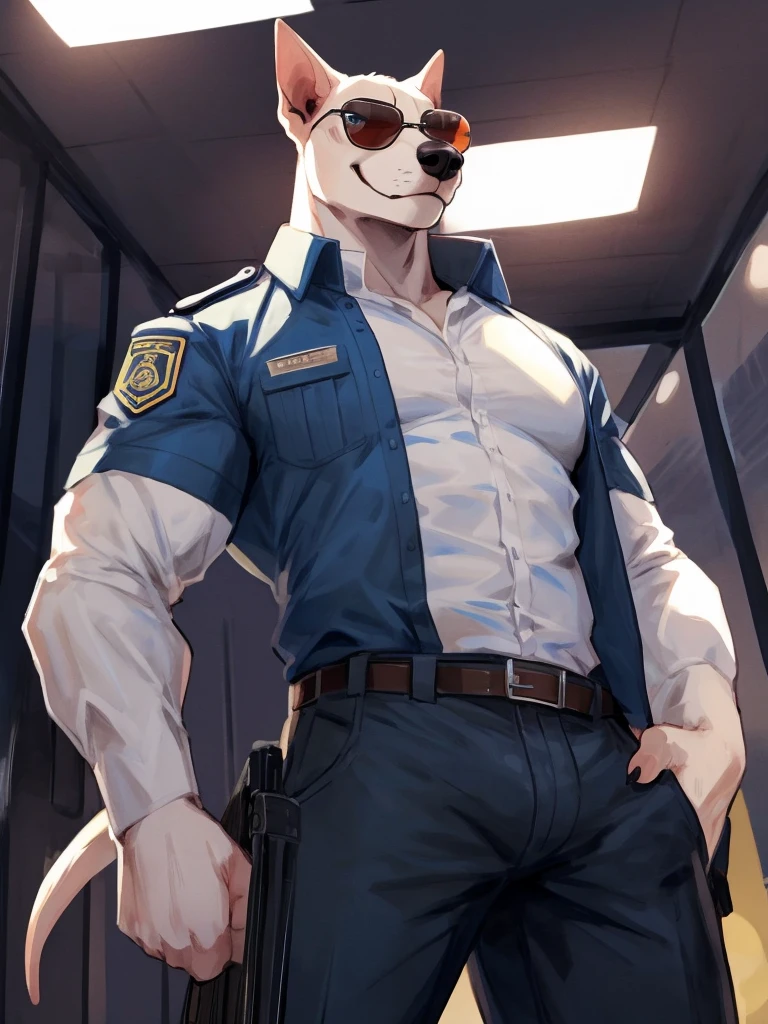 ((Best quality, masterpiece, detailed ???????, detailed eyes, detailed hands, perfect lighting, perfect shading.)), by Bebebebebe, by K0bit0wani, by Zackary911, 1Male, solo, low-angle view, looking at viewer, smirking, Pitbull, white furs, dark blue eyes, big muscular body, adult body, security guard, in public, unbuttoned shirt, unzipped pants, ????? focus, close-up-view, presenting ?????, canine ?????, knot, sunglass, club enterance,
