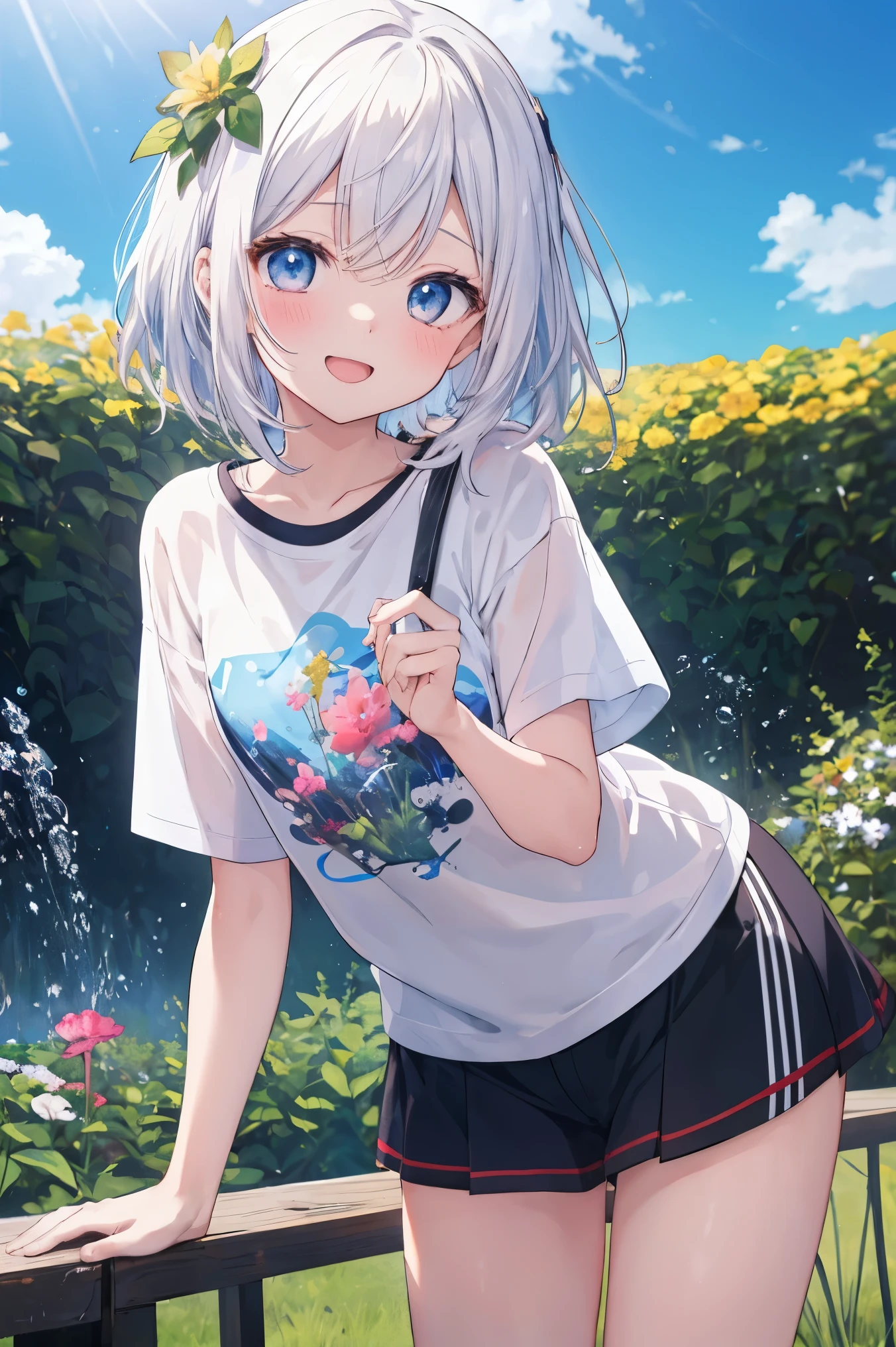 masterpiece、Anime Coloring、Ultra-fine、、、One Girl、Please open your mouth wide、lower angle、Cowboy Shot、Looking into the camera、smile、blush、Watery eye、Parted bangs、dullTshirt、Leaning forward、garden、blue sky、sunny、