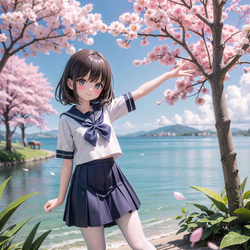 (masterpiece),  Outdoor,  cherry blossoms,  petal,  sunlight,  lake,  One Girl,  blush,  smile,  Medium Hair,  Sailor suit,Long skirt, Overgrown, petal, plant、Skirt lining、White slip、nostalgic、pantyhose（gray）、You can see the sea in the distance, Crotch close-up