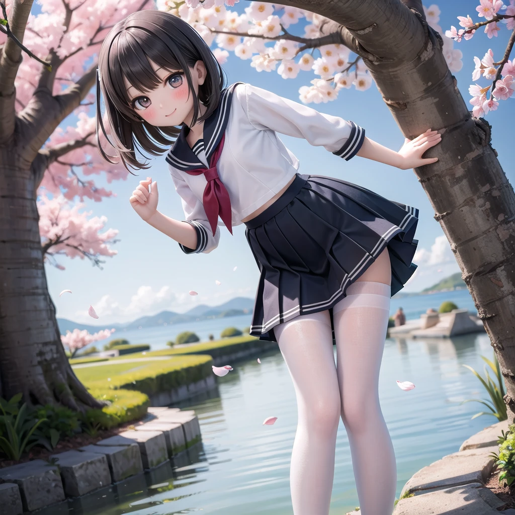 (masterpiece),  Outdoor,  cherry blossoms,  petal,  sunlight,  lake,  One Girl,  blush,  smile,  Medium Hair,  Sailor suit,Long skirt, Overgrown, petal, plant、Skirt lining、White slip、nostalgic、pantyhose（gray）、You can see the sea in the distance, Crotch close-up