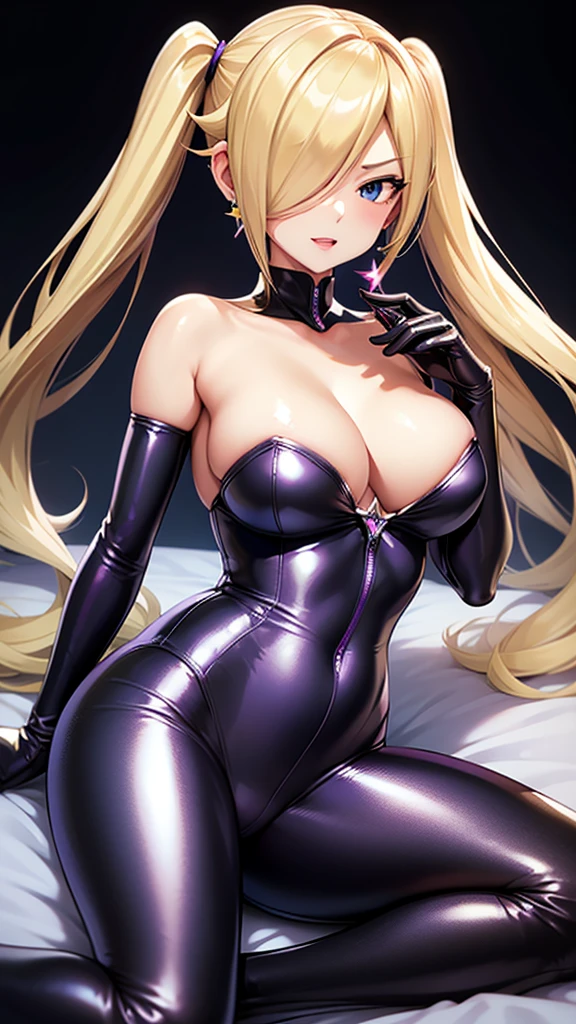 Erotic,Rosalina、Blonde、Long twin tails　 Volumie、Big Breasts,Purple catsuit,Female Spy、Black Background、Dimly lit bedroom , Evil、 Erotic Sneer、Lightly open your mouth