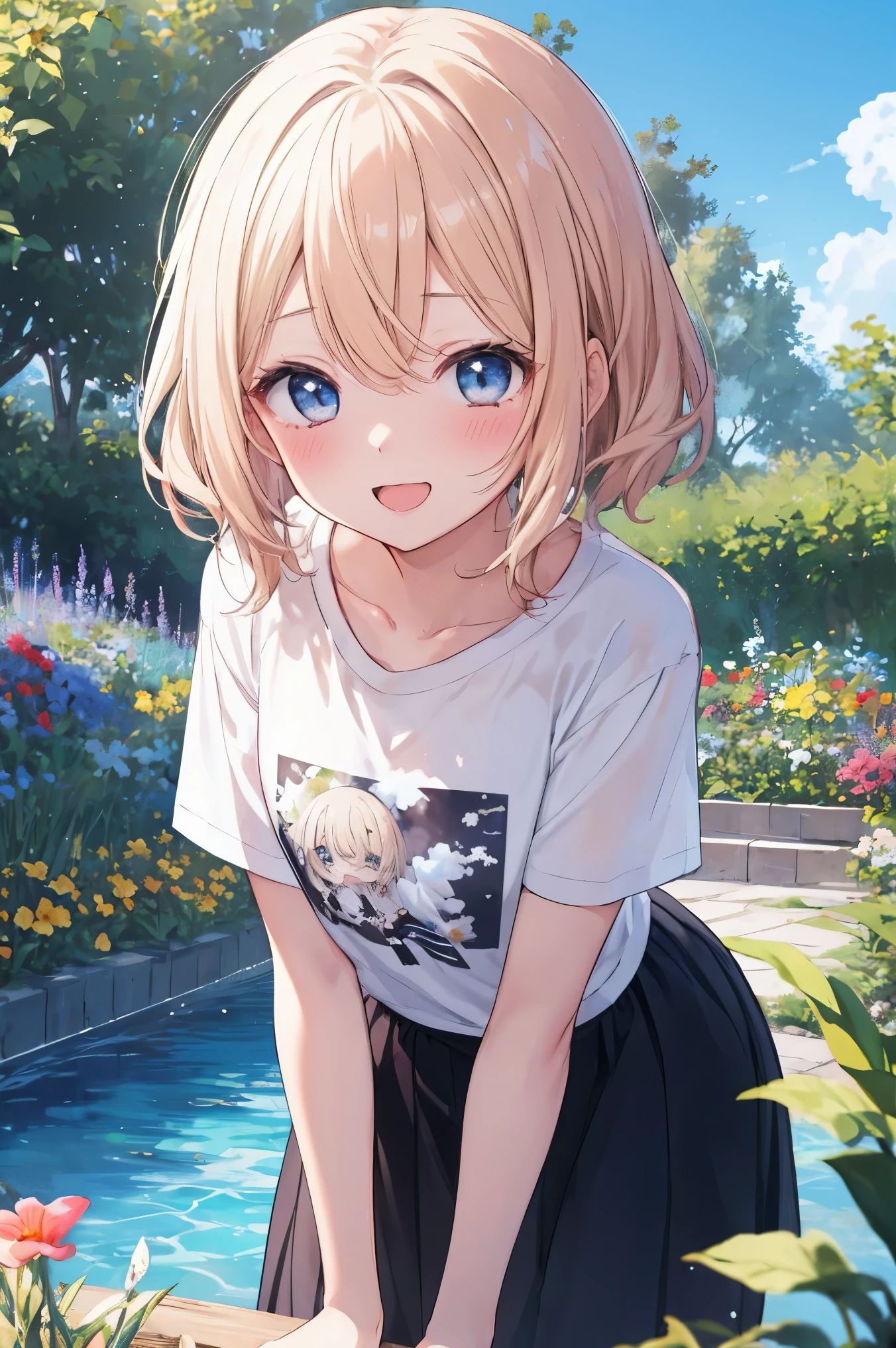 masterpiece、Anime Coloring、Ultra-fine、、、One Girl、Please open your mouth wide、lower angle、Cowboy Shot、Looking into the camera、smile、blush、Watery eye、Parted bangs、dullTshirt、Leaning forward、garden、blue sky、sunny、