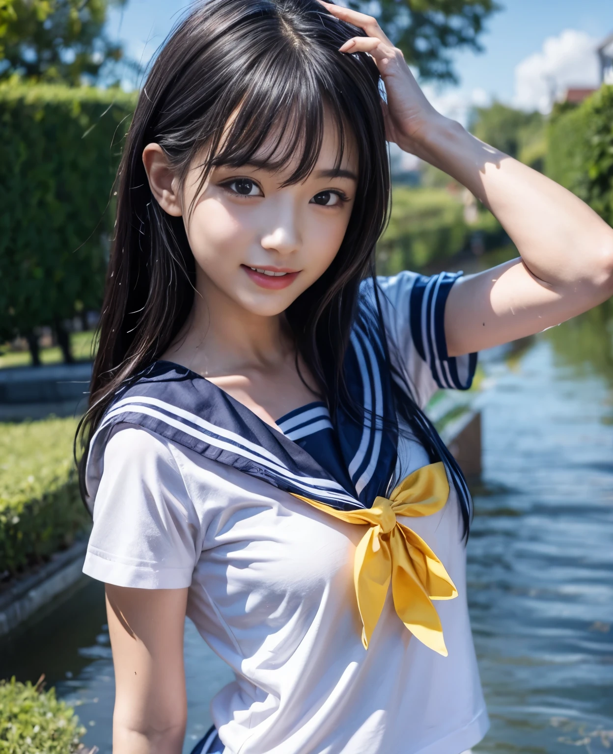 (masterpiece, 8k, best quality:1.2), in the river, outdoor, 1girl, 20 yo school girl, smile, looking at viewer, sailor uniform, wet clothes, soaked, wet hair, wet skin, translucent, glistening with oil, drenched, bright sunshine, soaked heavy clothes, playful, black hair, short bob