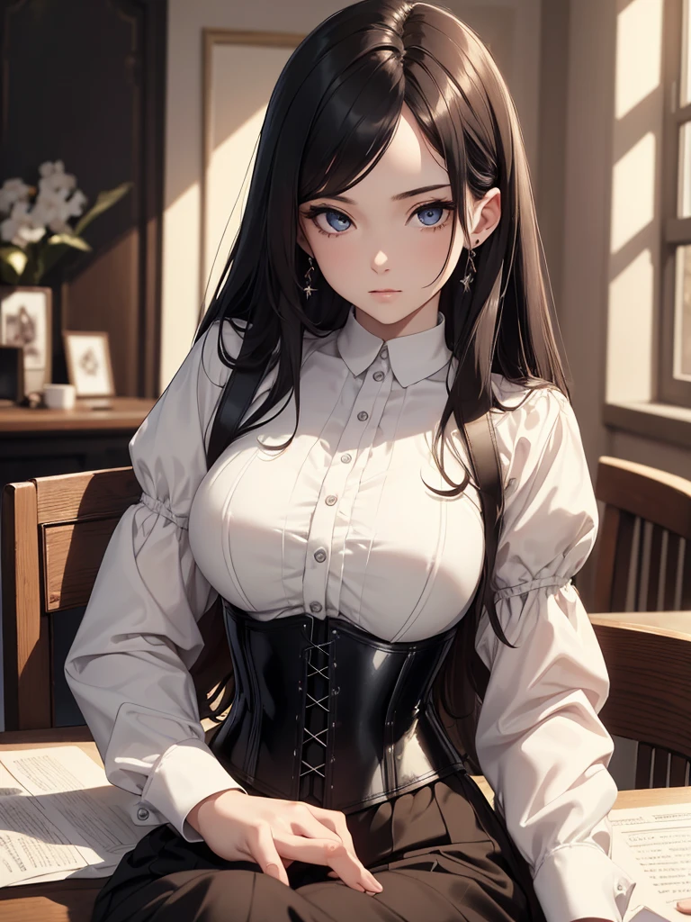 (8K, Best Quality, Masterpiece, Ultra High Resolution) Single Person, 1 Woman, Cute Eyes, Face Details, Pale Skin, Slender, Black Hair, Long Hair, Hazel Eyes, Corset Top, Fitted Pants, Sitting at Desk, Estate, Best Quality, Upper Body, Looking at the Viewer, Facing Viewer, Close Up