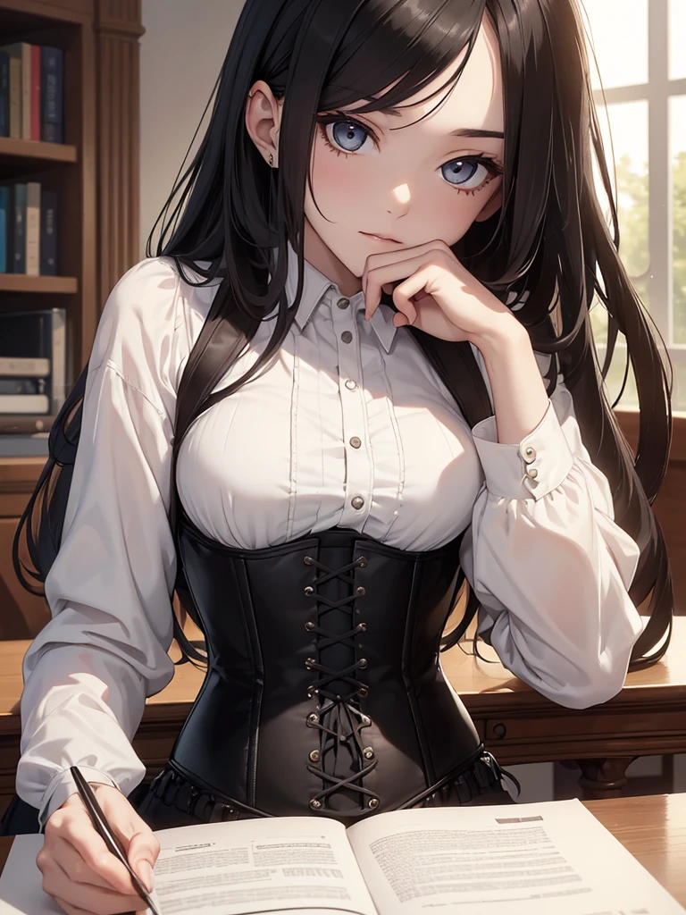 (8K, Best Quality, Masterpiece, Ultra High Resolution) Single Person, 1 Woman, Cute Eyes, Face Details, Pale Skin, Slender, Black Hair, Long Hair, Hazel Eyes, Corset Top, Fitted Pants, Sitting at Desk, Estate, Best Quality, Upper Body, Looking at the Viewer, Facing Viewer, Close Up