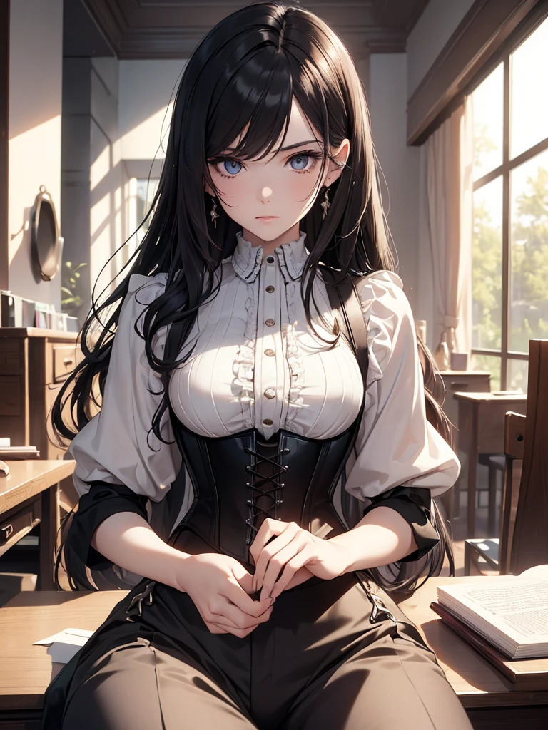 (8K, Best Quality, Masterpiece, Ultra High Resolution) Single Person, 1 Woman, Cute Eyes, Face Details, Pale Skin, Slender, Black Hair, Long Hair, Hazel Eyes, Corset Top, Fitted Pants, Sitting at Desk, Estate, Best Quality, Upper Body, Looking at the Viewer, Facing Viewer, Close Up