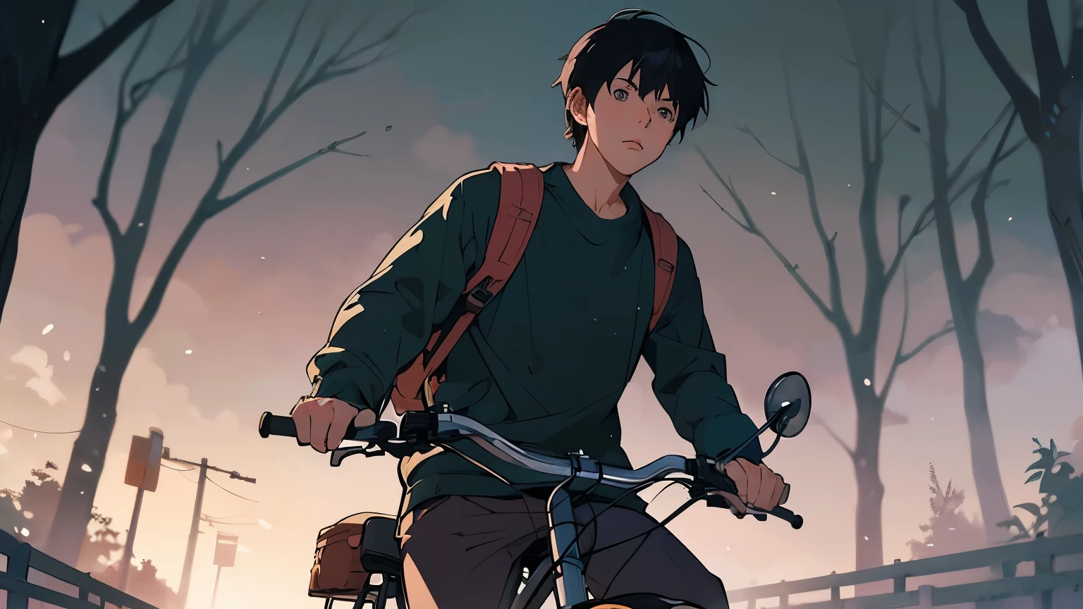 Anime boy with backpack riding bike in forest, Gweiz-style artwork, Lo-fi art style, Makoto Shinkai style, Digital anime illustration, ( ( Makoto Shinkai ) ), Makoto Shinkai art style, 🚿🗝📝, Detailed fan art, Portrait of Rofi, style of Makoto Shinkai