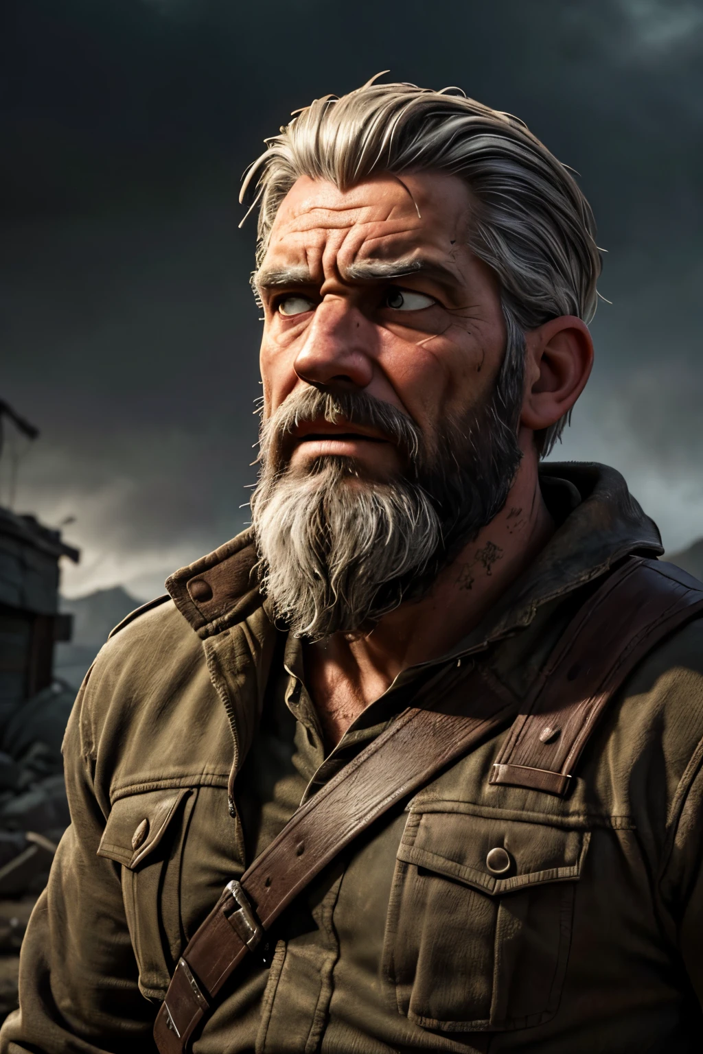 a battle-hardened ex-soldier with grey hair and a beard, rugged, weathered face, battle-scarred, wandering drifter, detailed highly realistic portrait, dramatic lighting, cinematic composition, moody atmosphere, (best quality,4k,8k,highres,masterpiece:1.2),ultra-detailed,(realistic,photorealistic,photo-realistic:1.37),cinematic,dramatic,gritty,moody,dark,brooding,intense,haunting