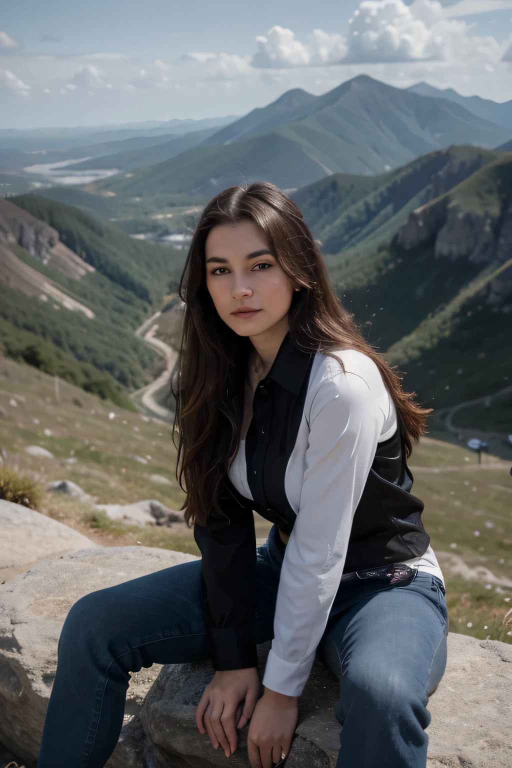 A beautiful woman wearing a black flannel shirt, jeans, sitting on a mountain peak, looking beautiful, long hair flowing in the wind, realistic full HD image 