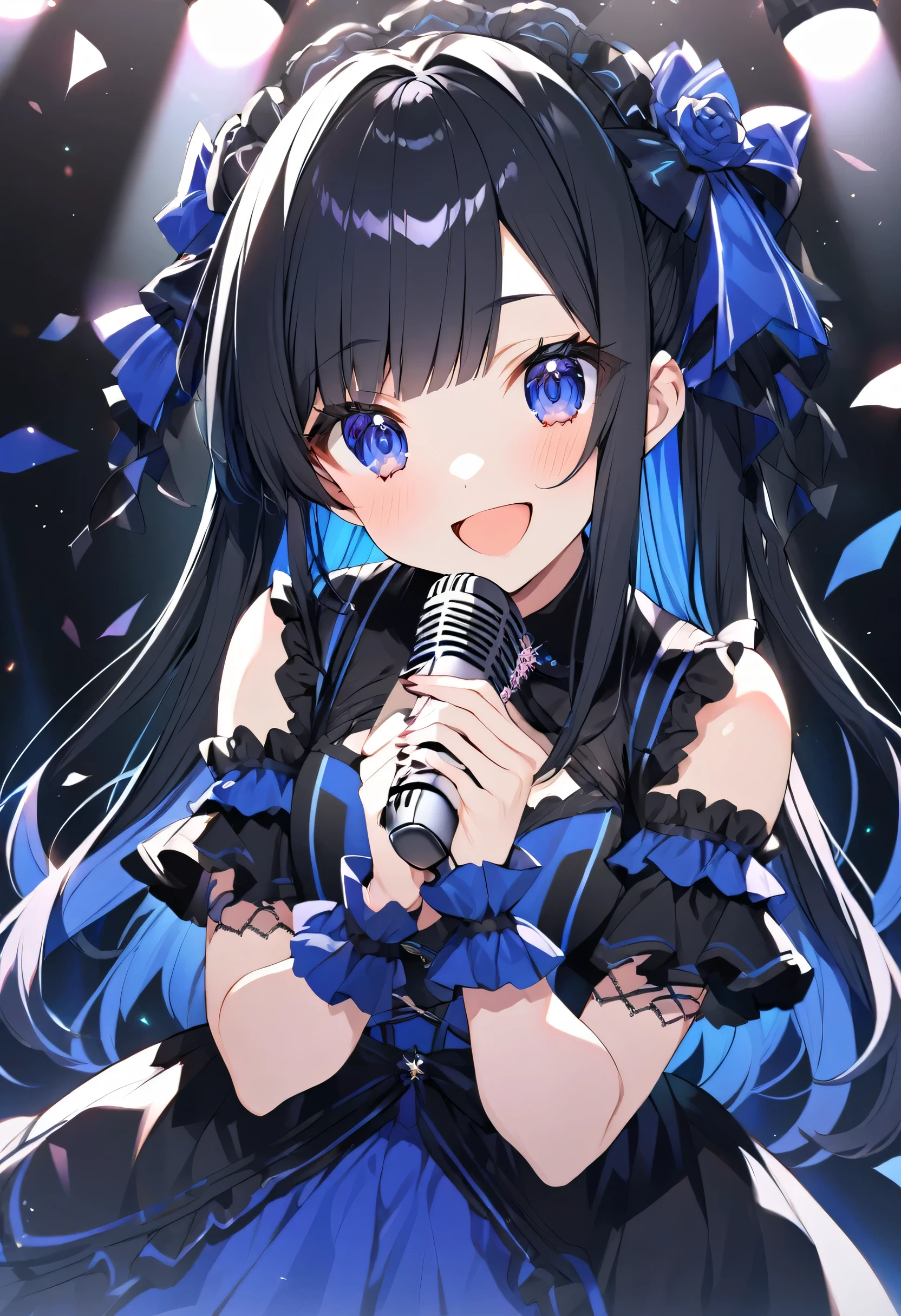 Black hair, inner color is blue Gothic Shiny Hair Looking at the audience Otaku clothes 18-year-old Gamer sight bangs chest beauty Show your hand Hold the microphone smile sing side One person outside