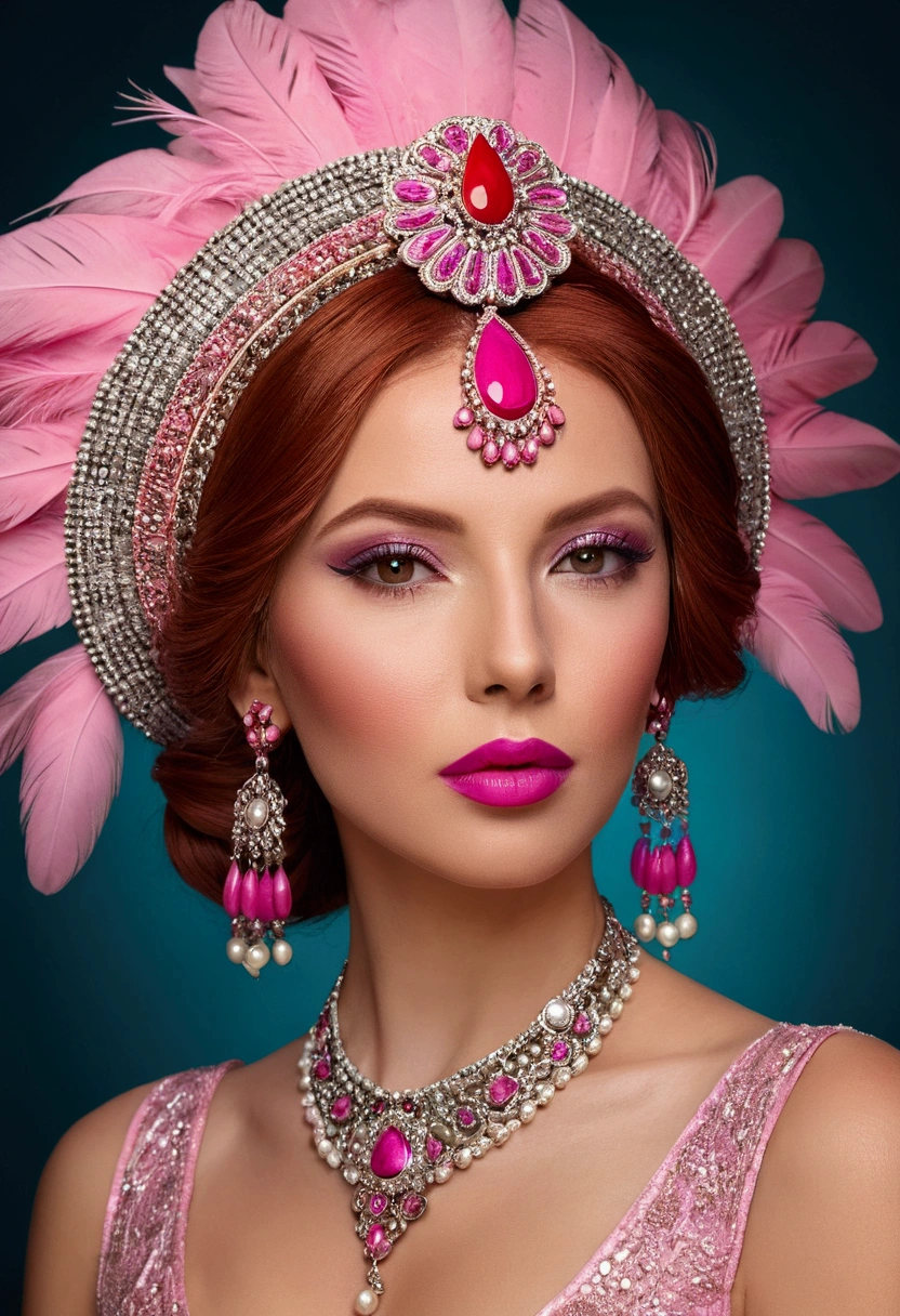 Araf woman with pink lipstick and headdress, Beauty touch up, Stylized beauty portrait, charming hairstyle, red hair and attractive features, Professional photo editing, Beautiful portrait photos, beautiful female model, Breathtakingly beautiful, glamor hairstyle, High-quality portrait photo shoots, Attractive brown haired woman, photo of a beautiful woman, Portrait color charm, beautiful woman portrait