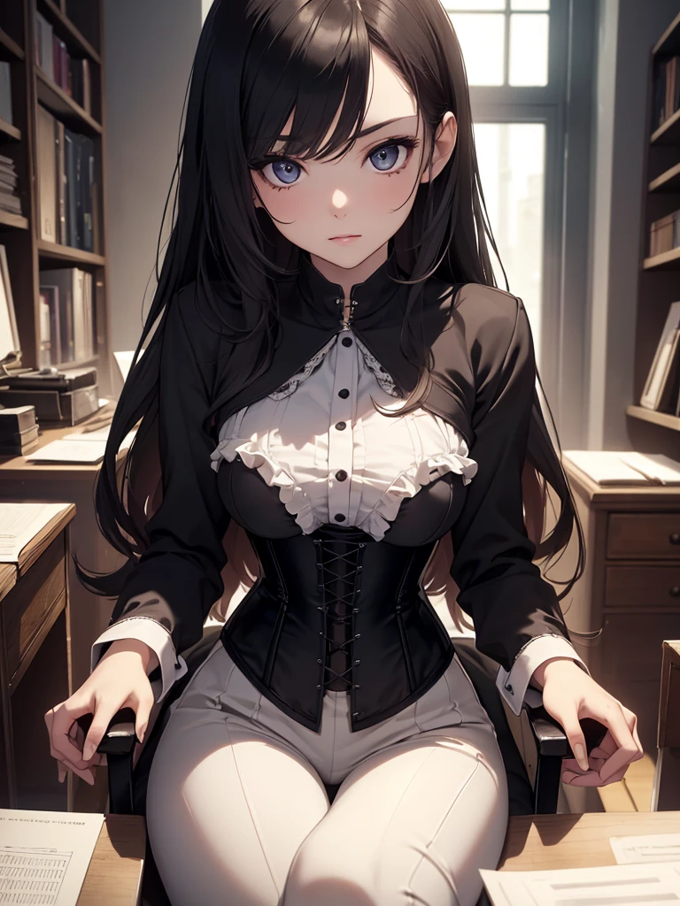(8K, Best Quality, Masterpiece, Ultra High Resolution) Single Person, 1 Woman, Cute Eyes, Face Details, Pale Skin, Slender, Black Hair, Long Hair, Hazel Eyes, Corset Top, Fitted Pants, Sitting at Desk, Estate, Best Quality, Upper Body, Looking at the Viewer, Facing Viewer, Close Up