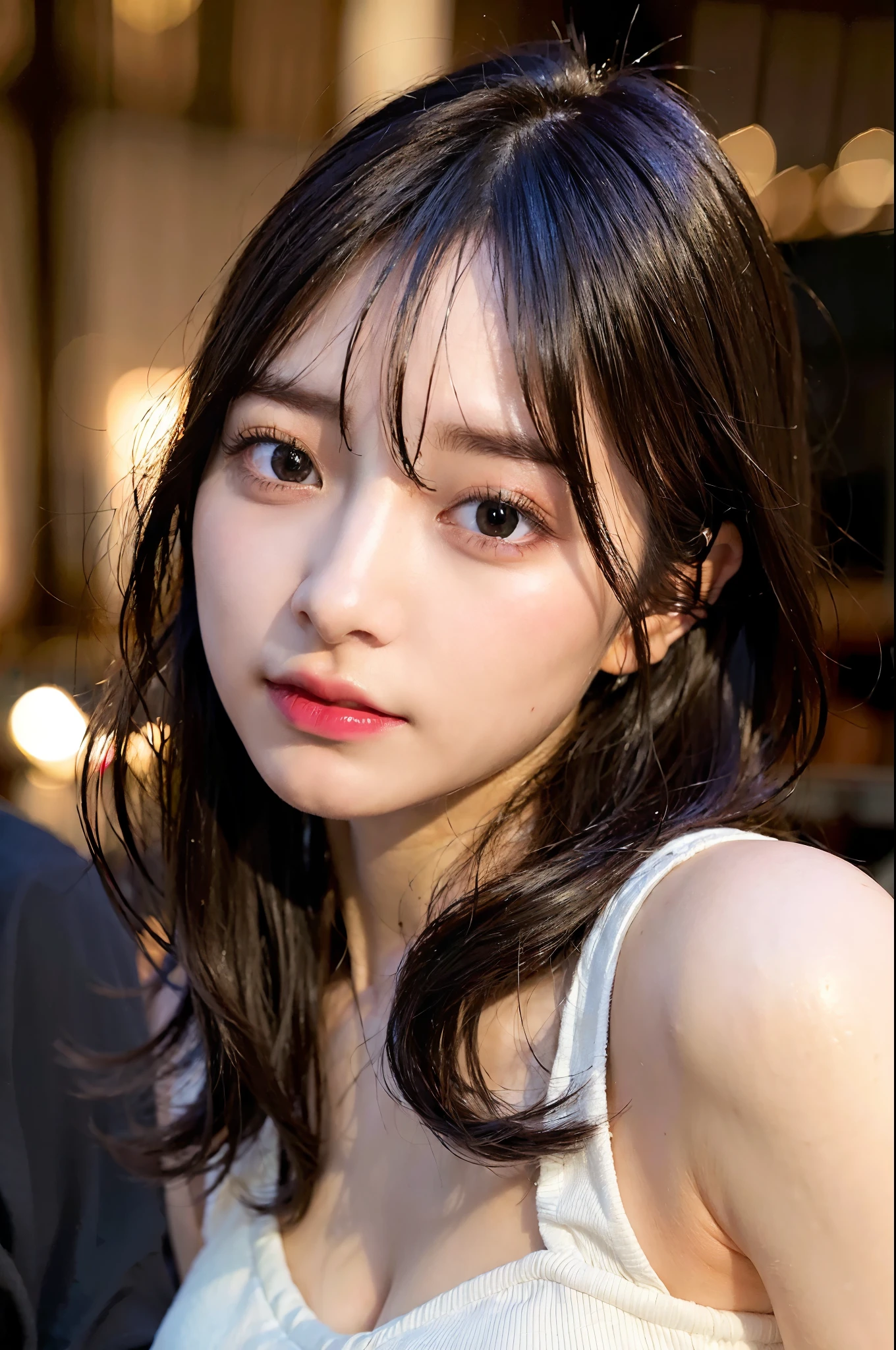(Highest quality、8k、32K、Masseter muscle area、Hmph:1.2)、profile、(Slim figure:1.2)、(Lips) 、26 years old、Cute pose、Unbelievably ridiculous、(Night Cafe 1.3)、Wear underwear、huge 、double eyelid、Glowing Skin、Realistic Layer、Beautiful Face、(Laughter:1.3)、squat、(From above:1.2)、(Close-up:1.4)、Blurred Background、(Front Focus)、(dark: 1.6)、Fantasy art、Photorealistic、Professional Lighting、Highly detailed face、Award-winning、Deep Shadows Big Breasts, Long Hair, Black Hair, smile, 