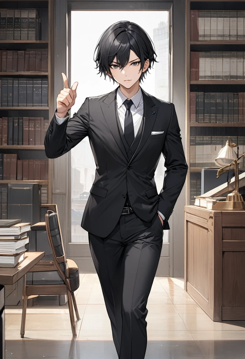 Highest quality、High resolution、Detailed Background、Beautiful face in every detail、Black suit、lawyer、Pointing with index finger,So that the whole body can be seen、Short black hair