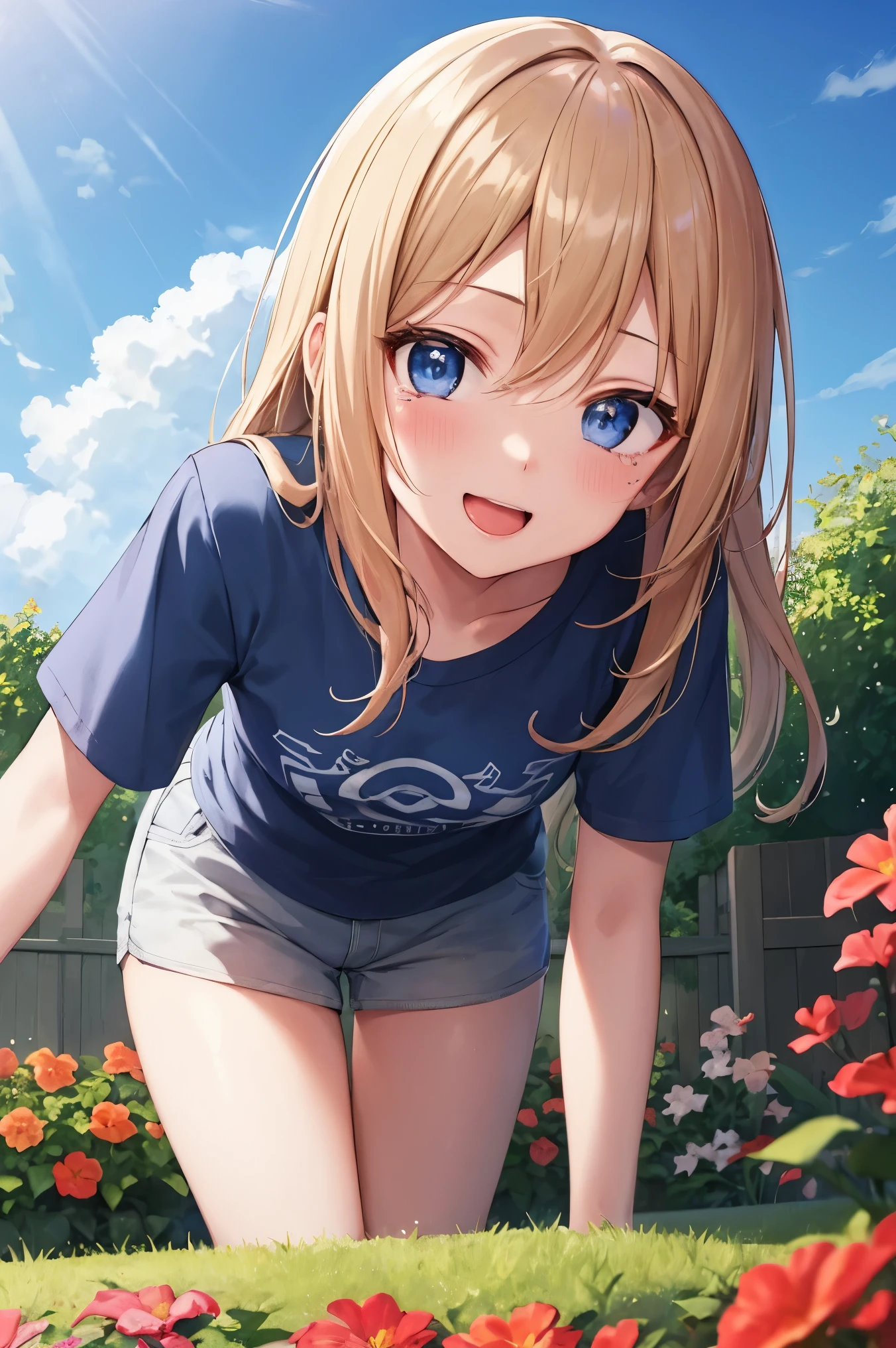 masterpiece、Anime Coloring、Ultra-fine、、、One Girl、Please open your mouth wide、lower angle、Cowboy Shot、Looking into the camera、smile、blush、Watery eye、Parted bangs、dullTshirt、Leaning forward、garden、blue sky、sunny、