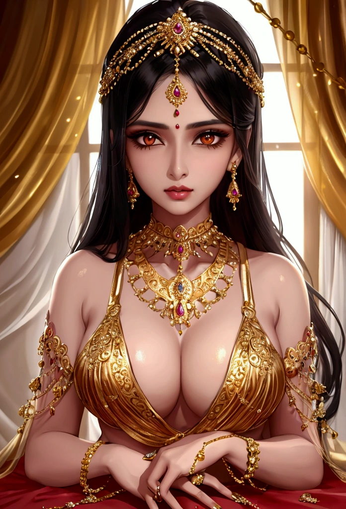 a beautiful indian woman wearing luxurious jewelry,intricate golden necklace,shining gems,delicate jewelled headpiece,elegant lingerie,sensual pose,detailed face and eyes, extremely detailed skin,flawless makeup,shiny long black hair,dramatic lighting, cinematic composition,photorealistic,8k,high quality,masterpiece