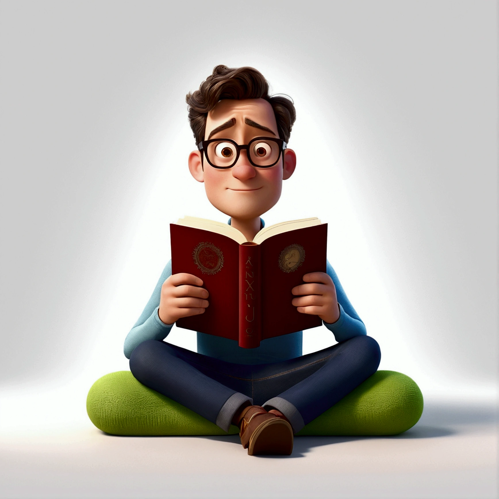 White background, Pixar 3D animation, Man reading a book, ::Pixar animation style