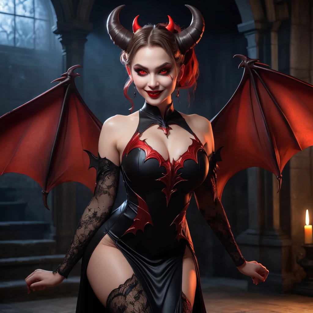 female demon, Lilith, (full body:1.55), (beautiful detailed eyes glowing red:1.4), (Large bat-like demon wings:1.4), (hair tied in two ponytails to form large bull horns), (raised arms showing armpits:1.1), (squatting with legs wide apart:1.1), beautiful detailed lips, extremely detailed eyes and face, long eyelashes, smiling, black long dress, (best quality,4k,8k,highres,masterpiece:1.2),ultra-detailed,(realistic,photorealistic,photo-realistic:1.37),detailed skin, intricate details, dramatic lighting, dark fantasy, chiaroscuro, moody atmosphere, deep shadows, warm color palette, rich textures, cinematic composition, intense gaze, 