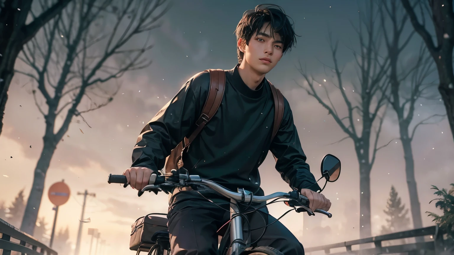 A handsome man. Black hair. Her bangs are down. Twenty years old. he is riding a bicycle. The space around him is filled with thick fog.