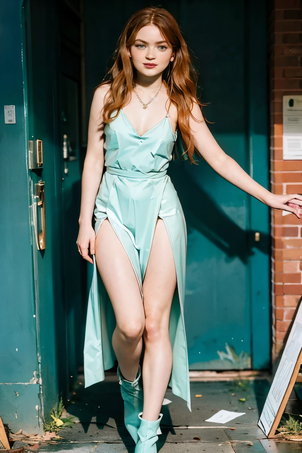 (A young Sadie Sink in a revealing tight long green cotton dress with a plunging neckline and leg slit:1.2), boots, 18 year old, cleavage with one bare breast exposed, bobbed wavy hair, dynamic action pose. Hyperrealistic, cinematic, low quality grainy film, (contrasting vivid saturated colours:1.1), (exploring an old abandoned Italian mansion:1.2), (medium shot:1.2), (worried, concerned),