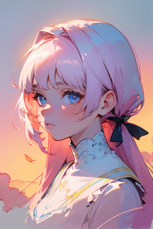 (8k, Highest quality, masterpiece:1.2),(Highest quality:1.0), (Ultra-high resolution:1.0), watercolor, Beautiful woman, shoulder, Hair Ribbon, Agnes Cecil, Half Body Portrait, Very bright and luminous design, pastel colour, (ink:1.3), Autumn Light,