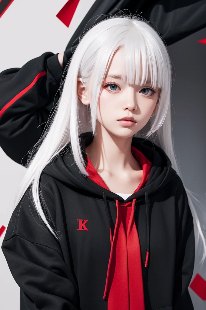 Character portrait　Black hoodie　Open the center　Red tie　white hair　Loose illustration