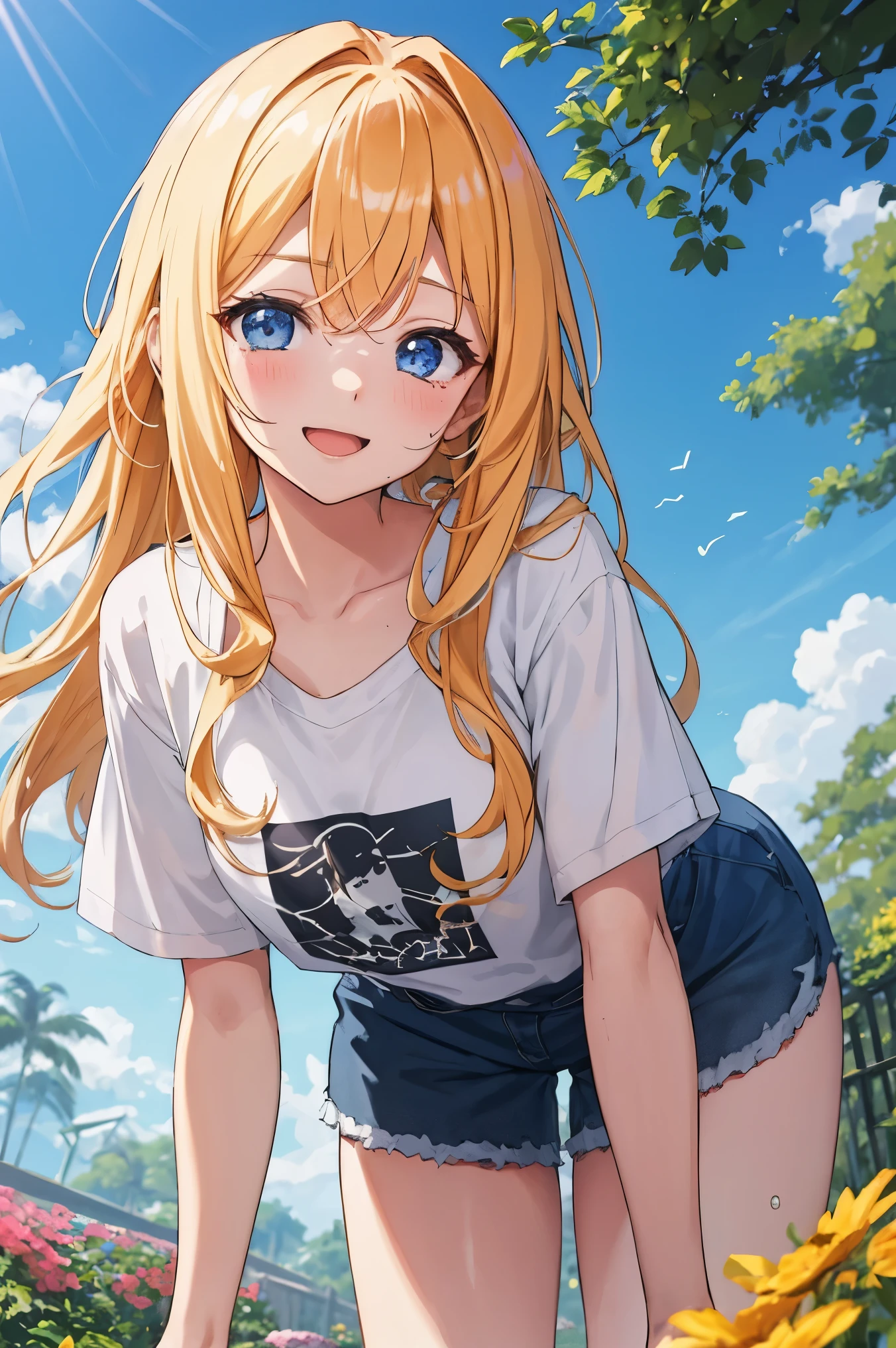 masterpiece、Anime Coloring、Ultra-fine、、、One Girl、Please open your mouth wide、lower angle、Cowboy Shot、Looking into the camera、smile、blush、Watery eye、Parted bangs、dullTshirt、Leaning forward、garden、blue sky、sunny、