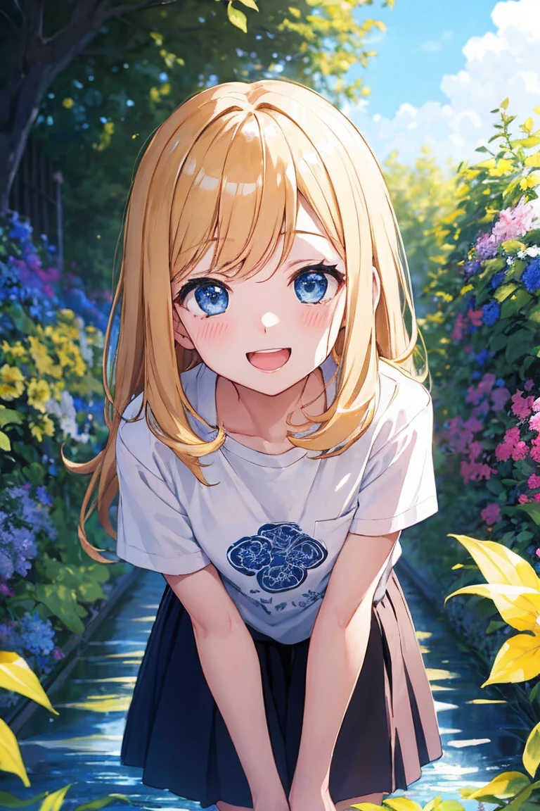 masterpiece、Anime Coloring、Ultra-fine、、、One Girl、Please open your mouth wide、lower angle、Cowboy Shot、Looking into the camera、smile、blush、Watery eye、Parted bangs、dullTshirt、Leaning forward、garden、blue sky、sunny、