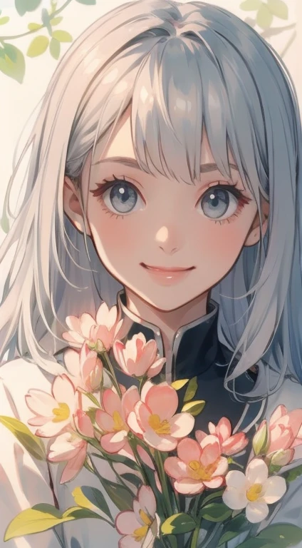 masterpiece, Highest quality, One girl, Gray Hair, smile, View your viewers, Adult, Fully mature, Holding flowers、high resolution、Ultra delicate、8k、Big eyes、Luxury Dresses
