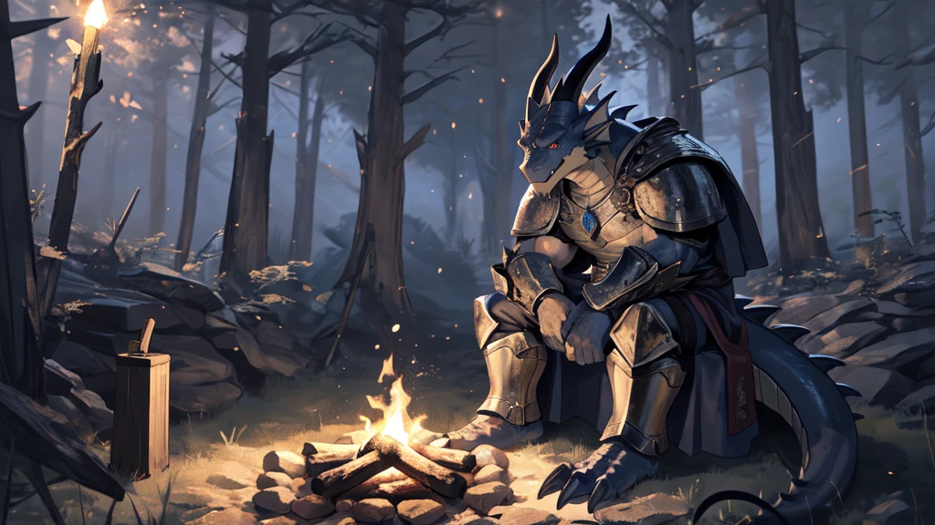 alone, kemono, (Dragon), Humanity, male, ((black body)), scale, tail, muscle, good looking, armor, Medieval, Fantasy, 屋outside, outside, dark, night, forest, campfire, camp, performer, Sitting, Toe Nails, amazing, Depth of written boundary, Perfect lighting, (Particles of light),(Highest quality),(masterpiece),(ultra detailed),Sharp focus,Particles of light