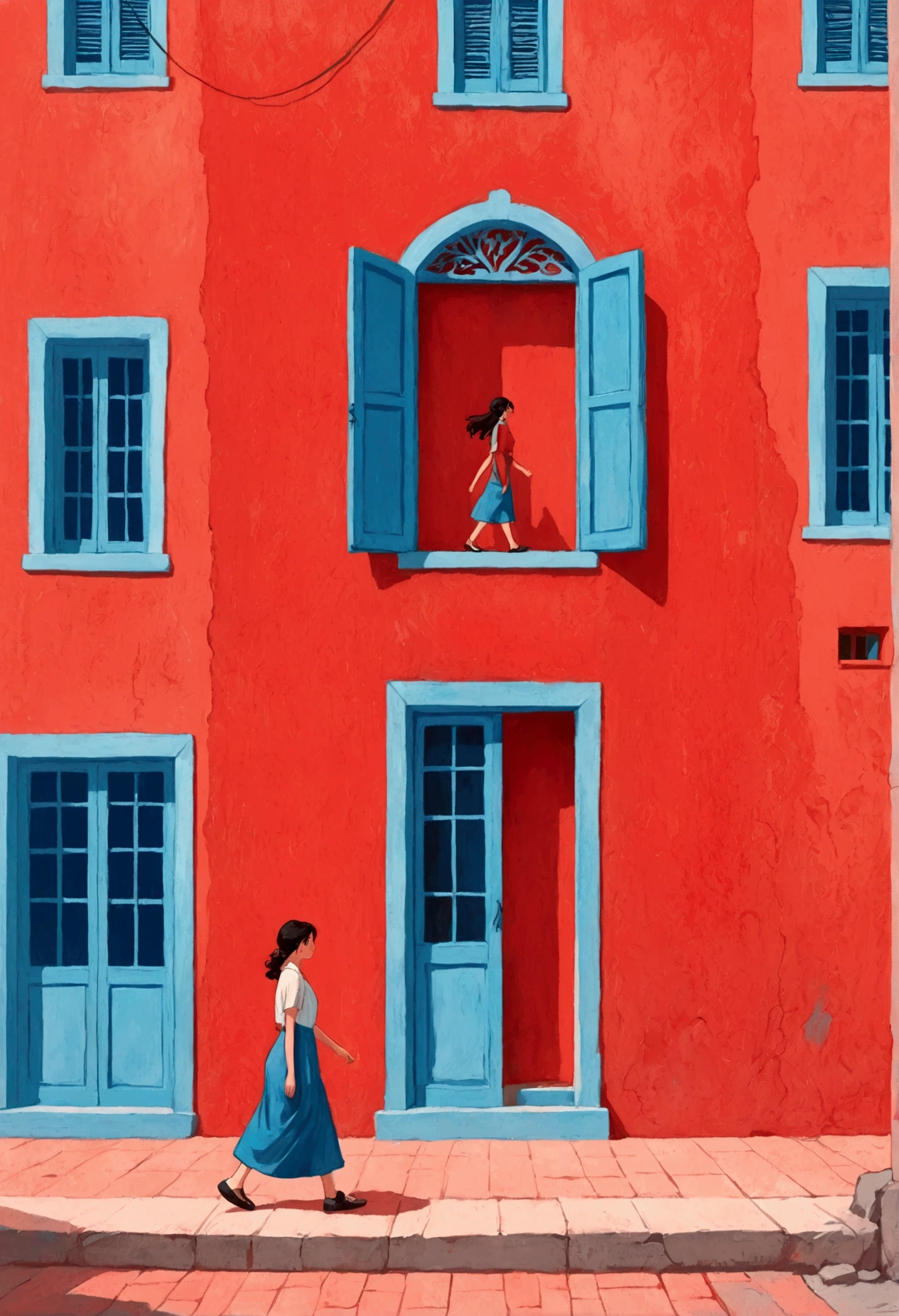 A painting。pastel artwork。Minimalist style,A woman walks in front of a blue window, Red Wall,girl, Color illustrations, full Color illustrations, Color illustrations, Colorfull illustration,Red background。panoramic,angle of light