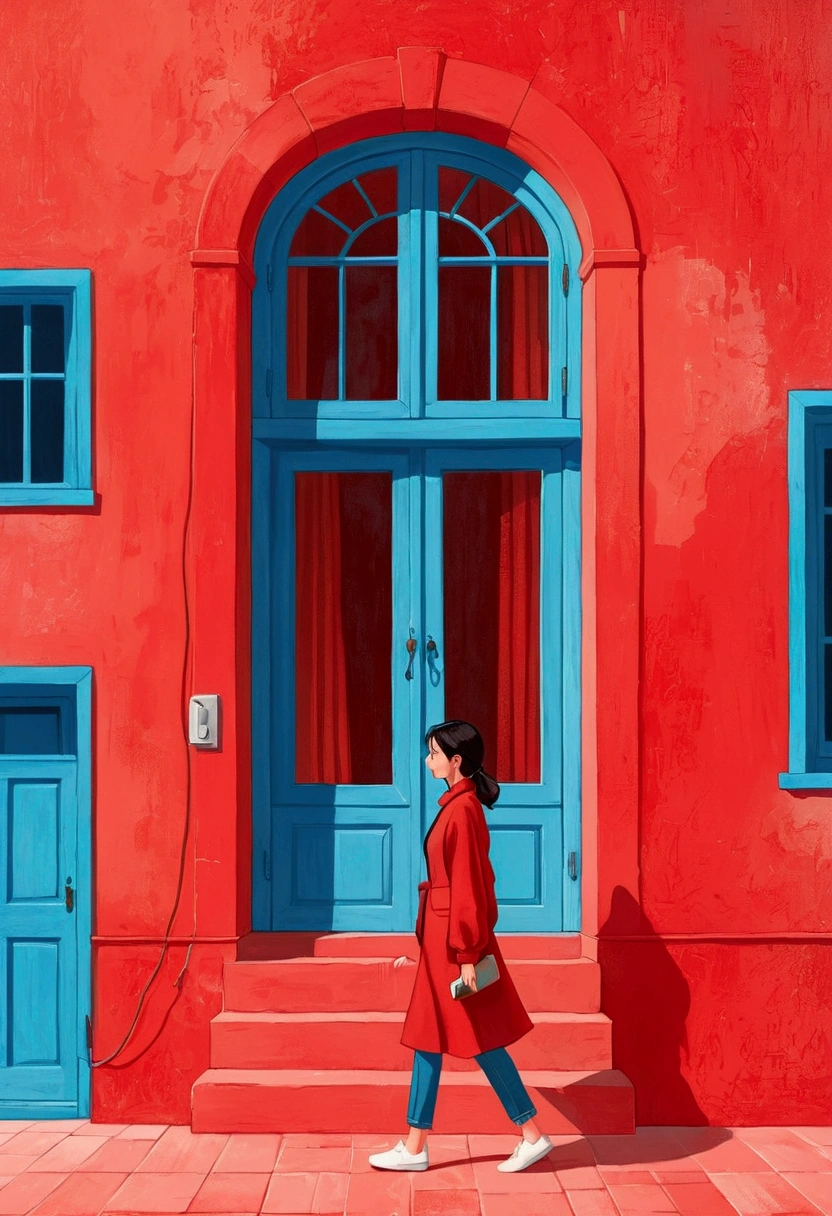 A painting。pastel artwork。Minimalist style,A woman walks in front of a blue window, Red Wall,girl, Color illustrations, full Color illustrations, Color illustrations, Colorfull illustration,Red background。panoramic,angle of light