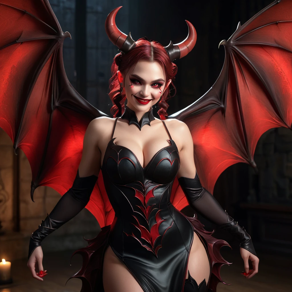 female demon, Lilith, (full body:1.55), (beautiful detailed eyes glowing red:1.4), (Large bat-like demon wings:1.4), (hair tied in two ponytails to form large bull horns), (raised arms showing armpits:1.2), (squatting with legs wide apart:1.2), beautiful detailed lips, extremely detailed eyes and face, long eyelashes, smiling, black long dress, (best quality,4k,8k,highres,masterpiece:1.2),ultra-detailed,(realistic,photorealistic,photo-realistic:1.37),detailed skin, intricate details, dramatic lighting, dark fantasy, chiaroscuro, moody atmosphere, deep shadows, warm color palette, rich textures, cinematic composition, intense gaze,